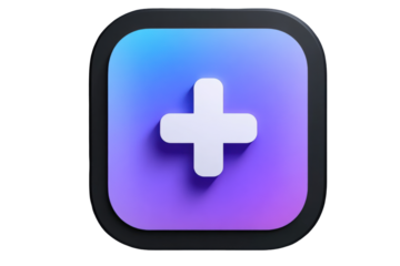Modern 3D plus sign icon with a blue and purple gradient on a rounded square button.