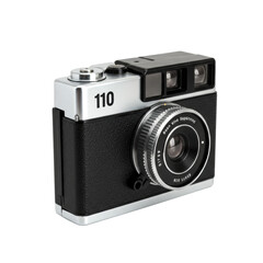 A compact, retro-designed vintage 110 film pocket camera with black/silver plastic body and prominent fixed lens, presented in a 3/4 view, isolated on a transparent seamless studio background with