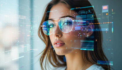 Young woman wearing glasses with digital overlays in a modern setting