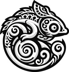 Abstract_Tribal_Chameleon_Illustration_–_Monochrome_Black_and_White_Ornament