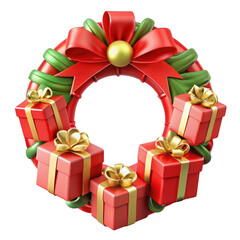 Obraz premium 3d festive christmas wreath with red presents and golden bows transparent background