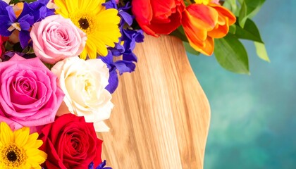 Vibrant bouquet of colorful flowers arranged on a light wooden surface, featuring roses, daisies, and tulips, creating a cheerful and celebratory display.