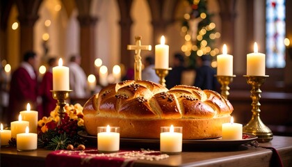 Festive Christmas bread centerpiece, illuminated by numerous candles in a church setting.