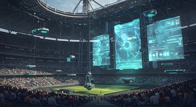 A futuristic stadium with hovering seats and a massive holographic screen