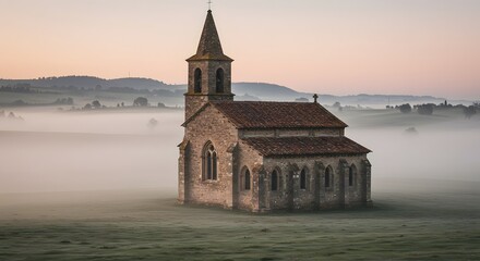 A medieval chapel with arched windows and a bell tower surrounded by misty hills