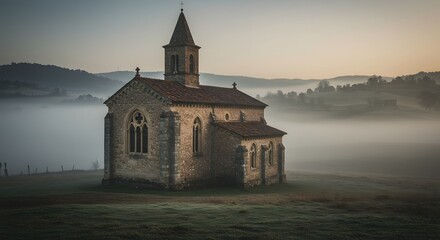 A medieval chapel with arched windows and a bell tower surrounded by misty hills