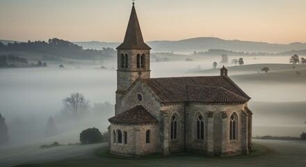 A medieval chapel with arched windows and a bell tower surrounded by misty hills