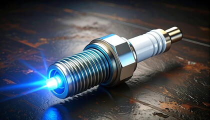 A detailed close-up view of a spark plug, showcasing its metallic components and a vibrant blue spark emitting from its core, set against a dark wooden surface.