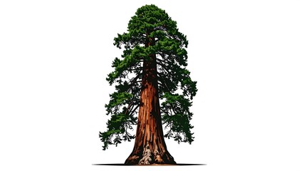 A majestic sequoia tree stands tall against a stark white background, its rich brown trunk and lush green canopy creating a captivating image of nature's grandeur.
