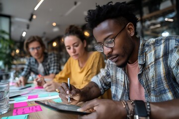 Creative Collaboration in Focus: Three individuals meticulously focused in a modern co-working space, brainstorming ideas and sketching plans for a new project.