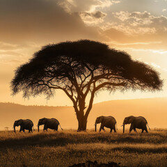 Fototapeta premium Elephants walking past a lone acacia tree in the open savanna, deep shadows cast by golden light, incredible realism, stunning wildlife fine art photography 