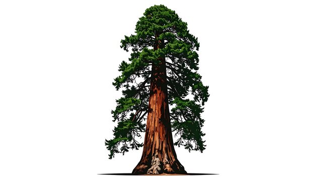 A majestic sequoia tree stands tall against a stark white background, its rich brown trunk and lush green canopy creating a captivating image of nature's grandeur. - Powered by Adobe