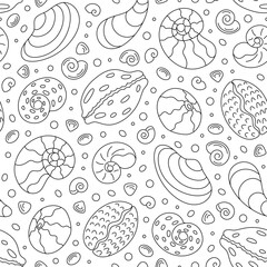 Seamless underwater pattern with marine seashells in contour outline. Aquatic ocean design with sketch style and line elements. Perfect for summer themes, marine projects, or aquatic decor, offering