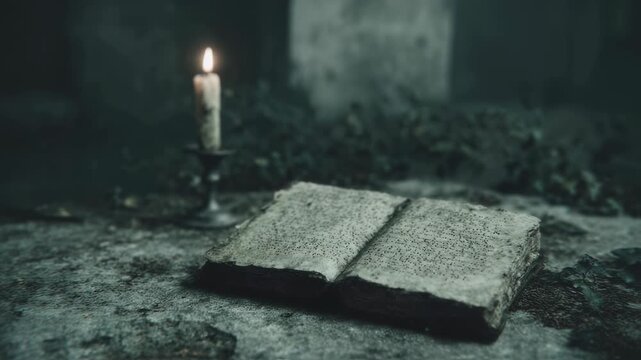 Eerie candlelit scene with ancient book on dusty surface. Gothic horror atmosphere for spooky story or Halloween concept. Mysterious magic grimoire in dark room.