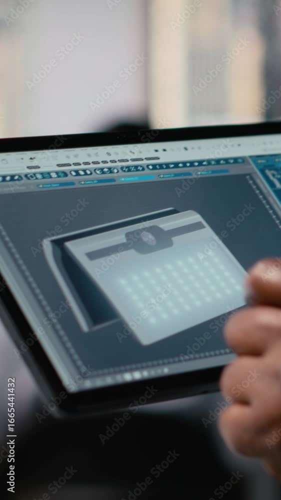 Poster close up of technician using tablet to create solar powered device design with alternative energy te