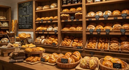 A photorealistic image of a bakery shop with fresh bread on display and a chalkboard menu
