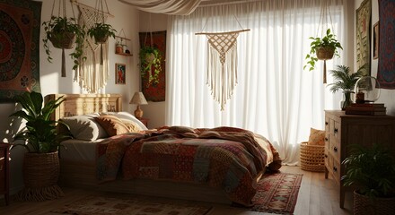 Fototapeta premium A photorealistic image of a bohemian bedroom with macrame hangings and earthy tones sunlight filtering through sheer curtains