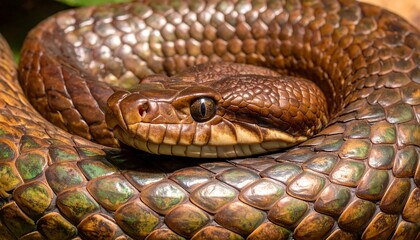 Obraz premium Close-up of a coiled brown pit viper snake with a detailed view of its scales