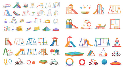 Illustration of colorful playground equipment including swings, slides, bikes, climbing frames, and play sets. Perfect for school projects, childcare design, outdoor activities, and kid-themed visuals