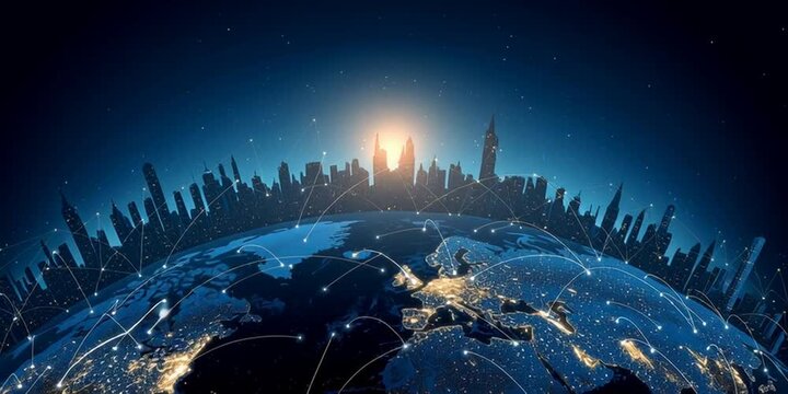 the earth with glowing connections linking cities across various continents, representing global connectivity and technology's impact on world trade and business Generative AI