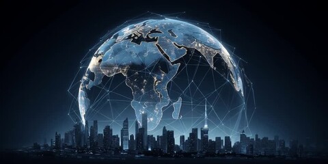 the earth with glowing connections linking cities across various continents, representing global connectivity and technology's impact on world trade and business Generative AI - Powered by Adobe