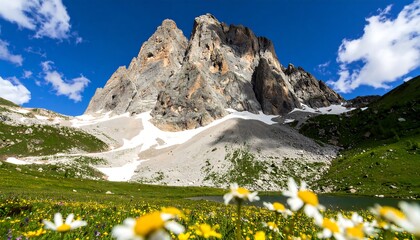 A breathtaking mountain landscape with wildflowers, a serene alpine lake, and snow-capped peaks under a vibrant blue sky.