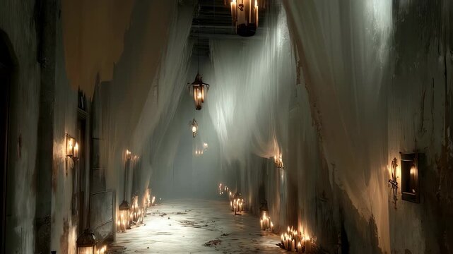 Eerie medieval castle corridor illuminated by candlelight and misty beams. Spooky Halloween haunted house atmosphere. Gothic horror movie scene with dramatic lighting.