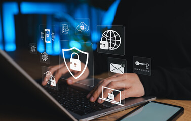 Cybersecurity protection concept with secure login, cloud encryption, biometric authentication,...