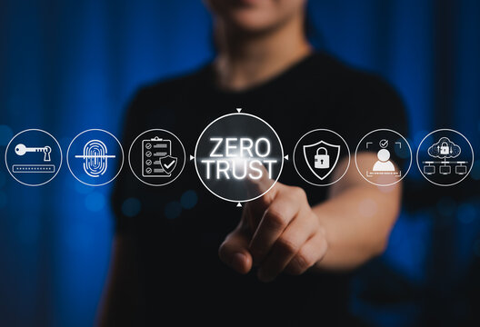 Zero Trust security concept with icons representing authentication, identity verification, and data protection, emphasizing cybersecurity strategies for zero-trust network access and secure systems.