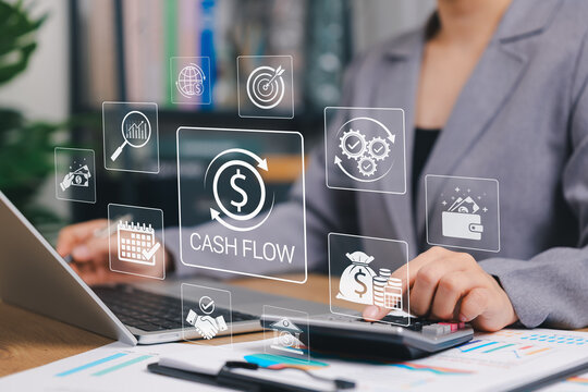 Cash Flow and Financial Analysis Concept. Businesswoman using calculator and laptop with icons representing cash flow, financial management, budgeting, business growth, money, income, profit, banking,