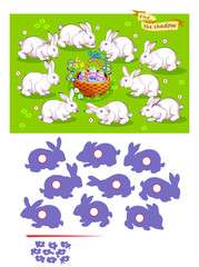 Best puzzles for kids. Can you find the shadow of each rabbit? Write the numbers in circles. Educational game for children. Task for attentiveness. Activity sheet. Hand drawn vector illustration.