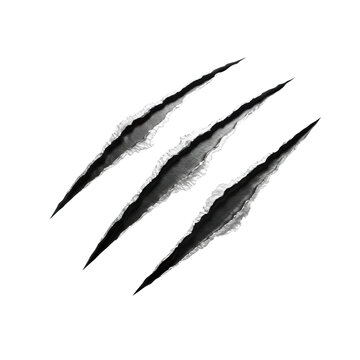 Ultra photorealistic close-up of three freshly scored, metallic silver werewolf claw marks with ragged edges, deeply ripped into a transparent, minimalist studio surface with bright, even