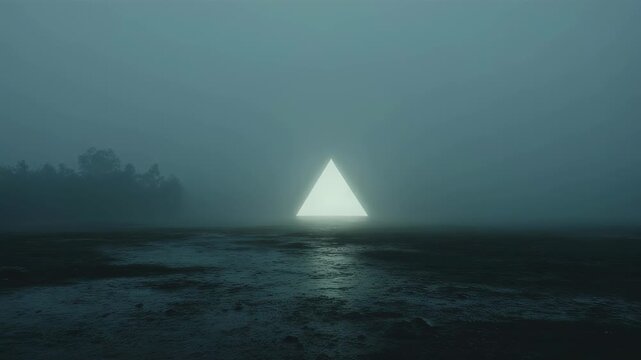 Glowing triangle in misty coastal landscape. Mysterious light on foggy beach at night. Sci-fi concept, alien presence, or supernatural phenomenon. Eerie atmosphere.