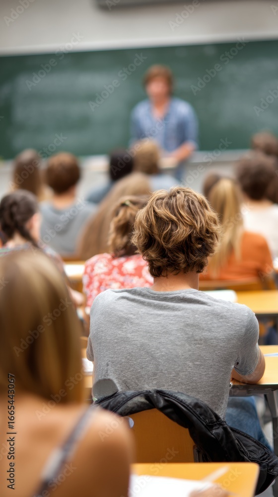 Poster students attending a lecture in a classroom with focus on the teacher and classroom environment
