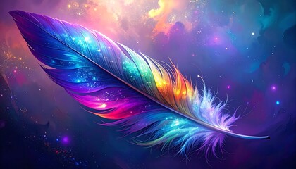 Obraz premium Vibrant rainbow feather floating in a dreamy, sparkling cosmic nebula concept