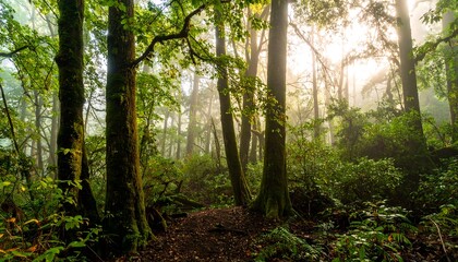 Lush forest path in morning mist