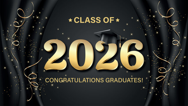 Vector illustration. Class of 2026 badge design template in black and gold colors. Congratulations graduates 2026 banner sticker card with academic hat for high school or college graduation