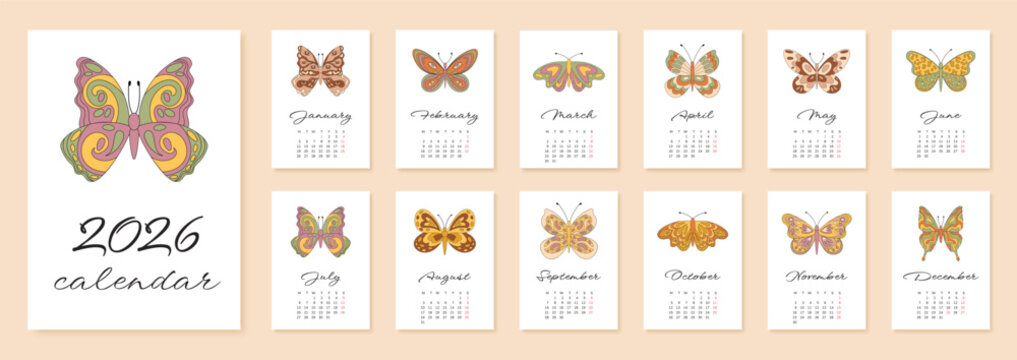Groovy retro butterfly calendar with modern colorful style. Y2K month template and 2026 year banner in cheerful set. Trendy collection graphic for stylish planning and creative layouts.