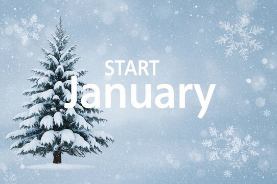 Snowy tree, January start, winter scene, calendar