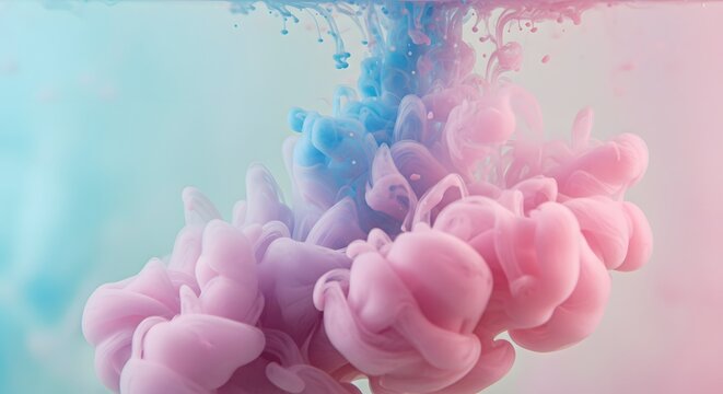 Abstract explosion of pink and blue ink swirling in water, creating a soft cloudlike formation