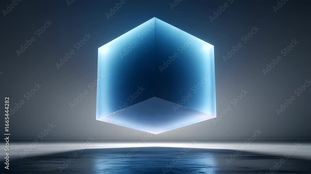 Poster glowing 3d cube rotating in dark space. futuristic hologram technology concept. abstract digital art