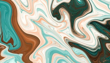 A captivating abstract design featuring swirling patterns of teal, brown, and peach tones on a white background, evoking a serene and dynamic visual experience.