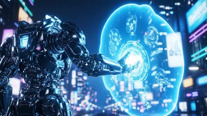 A futuristic robot interacting with a glowing blue brain interface in a neon-lit cityscape at night. - Powered by Adobe