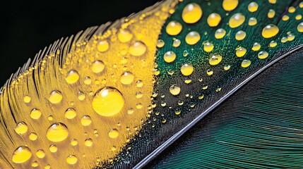 Vibrant Yellow Green Feather with Dew Drops Macro Photography