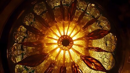 Illuminated Golden Glass Ceiling Detail, Ornate Circular Stained Glass Pattern