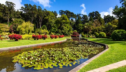 Serene garden pond with vibrant blooms and lush greenery under a bright sky.  A tranquil scene of meticulously maintained flowerbeds lining a tranquil water feature.