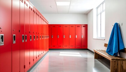 A brightly lit locker room, showcasing rows of vibrant red lockers, a wooden bench, and a blue towel draped over a hook.