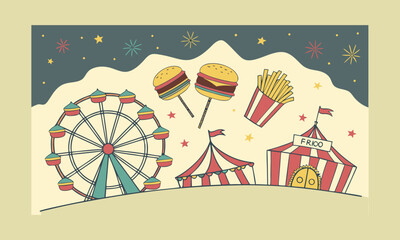 A whimsical carnival scene where fast food items such as burgers, fries, nuggets, and hotdogs burst like fireworks in the night sky.