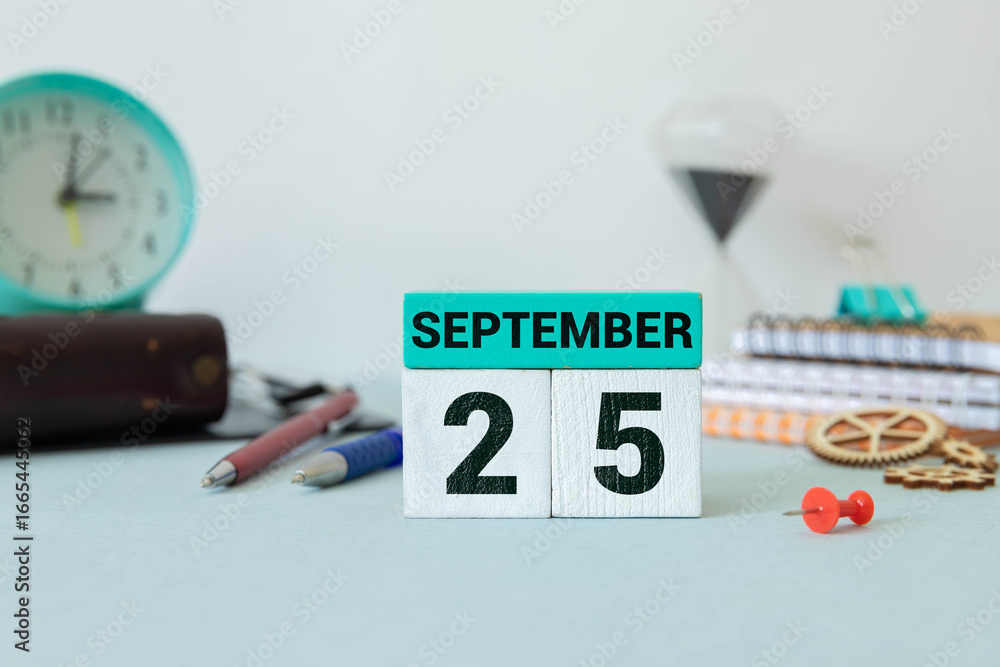 Poster september 25, save the date with number cube design for background.