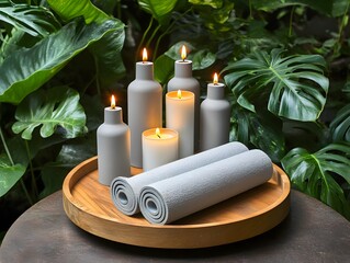 Serene Spa Scene, Candles, Towels, and Lush Greenery